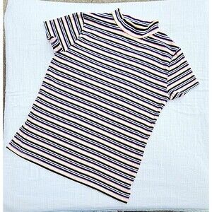 dip Striped Multicolor Mock Neck Ribbed Knit Stretch Tee Short Sleeve Juniors L